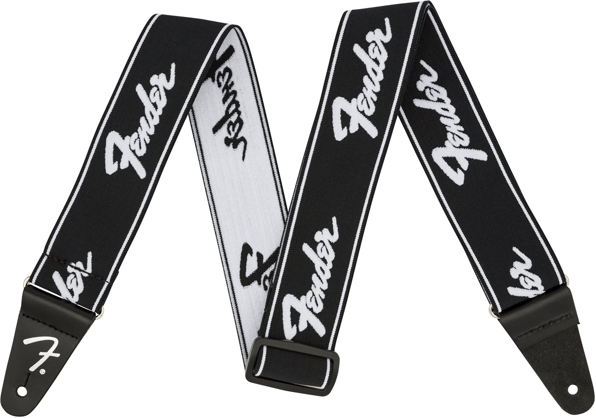 Fender WeighLess 2" Running Logo Strap in Black/White