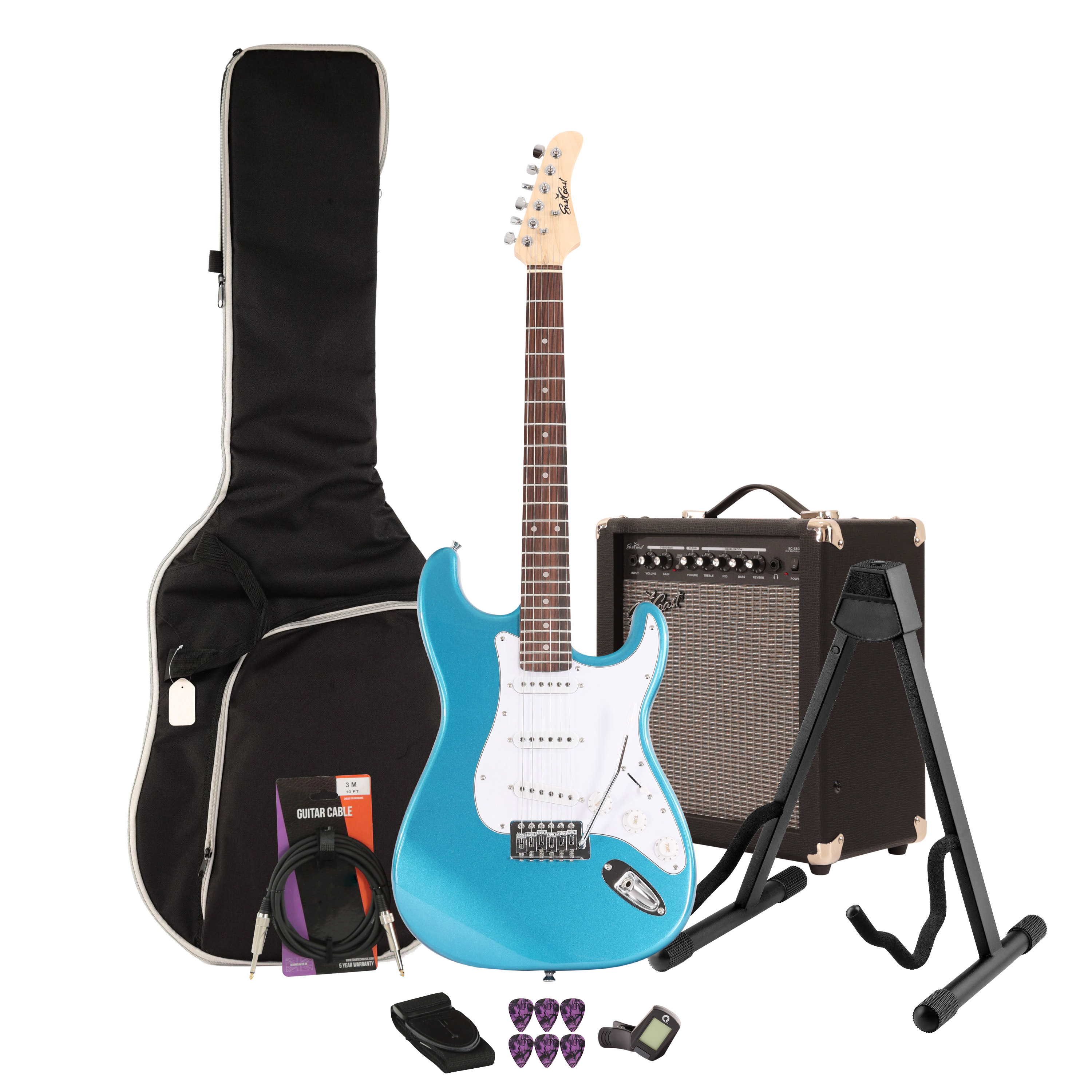 EastCoast ST1 Electric Guitar Starter Pack in Lake Placid Blue with 35W Amp & Accessories