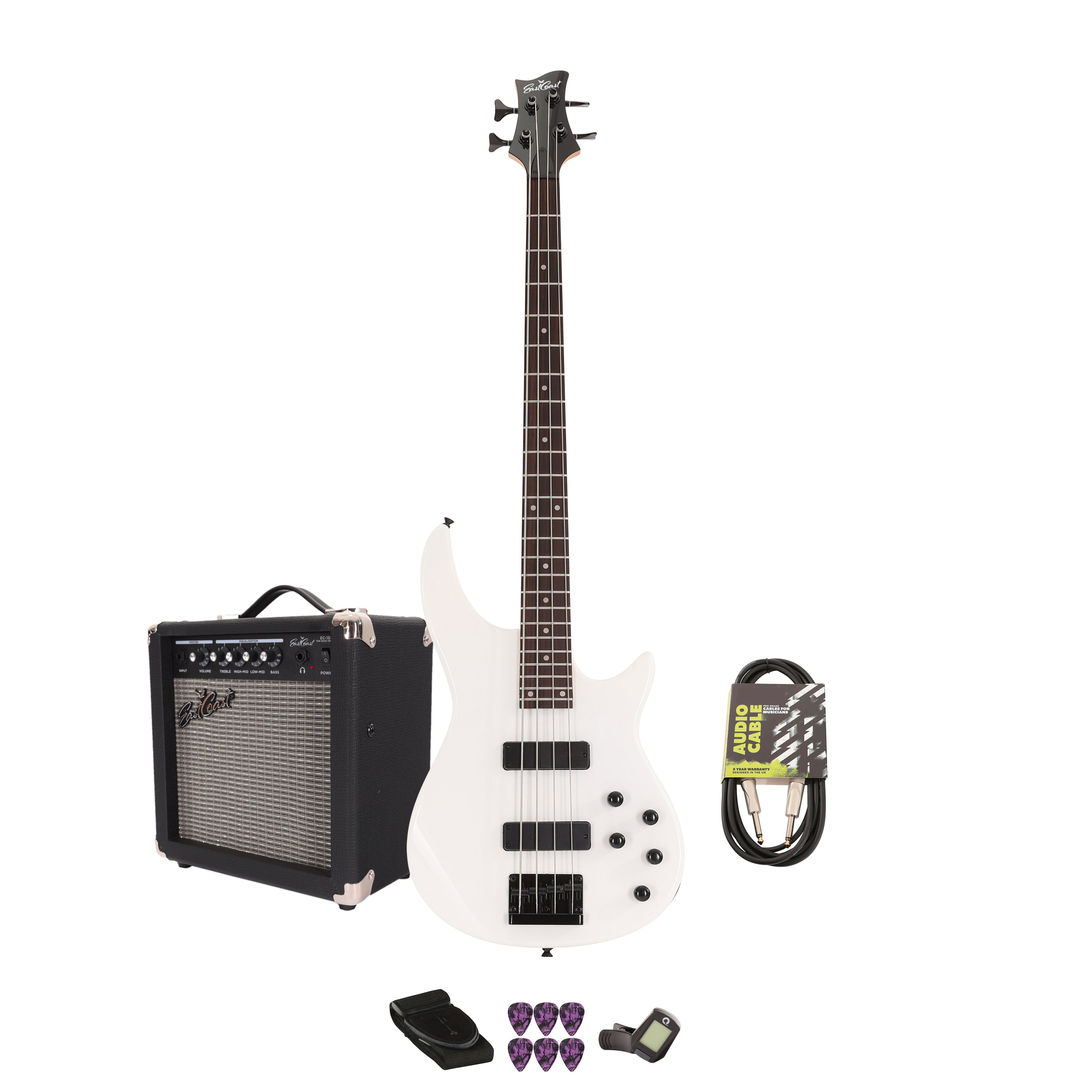 EastCoast MB4 Bass Guitar Starter Pack in Pearl White with 15W Amp & Accessories