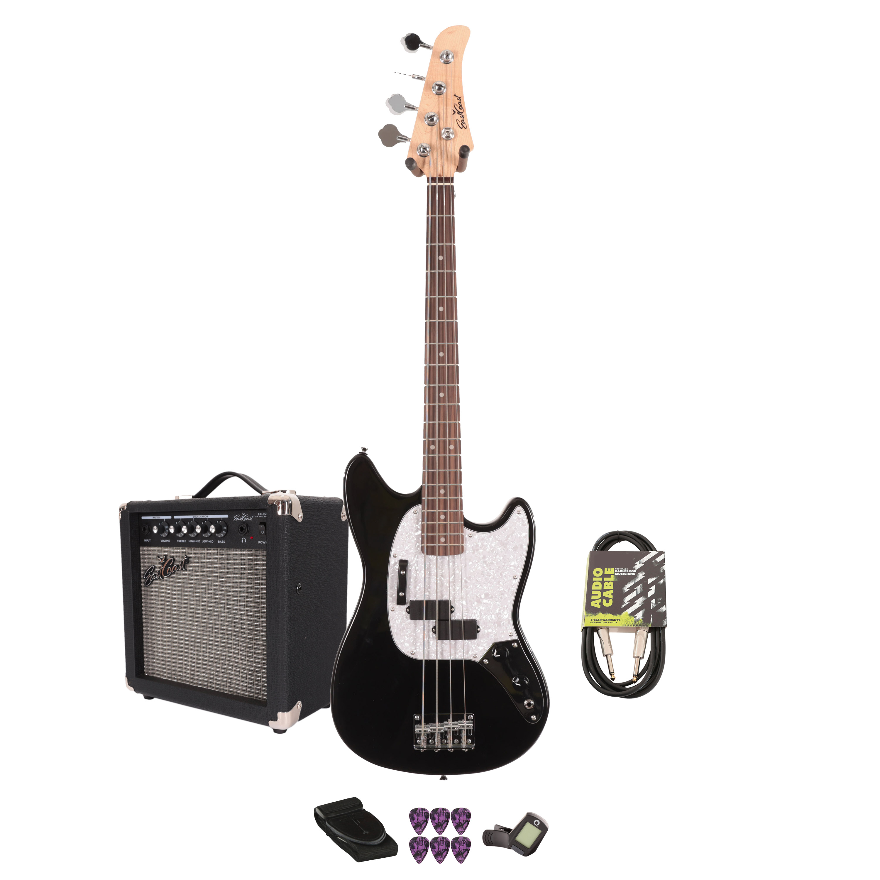 Eastcoast MSB Bass Guitar Starter Pack in Black with 15W Amp & Accessories