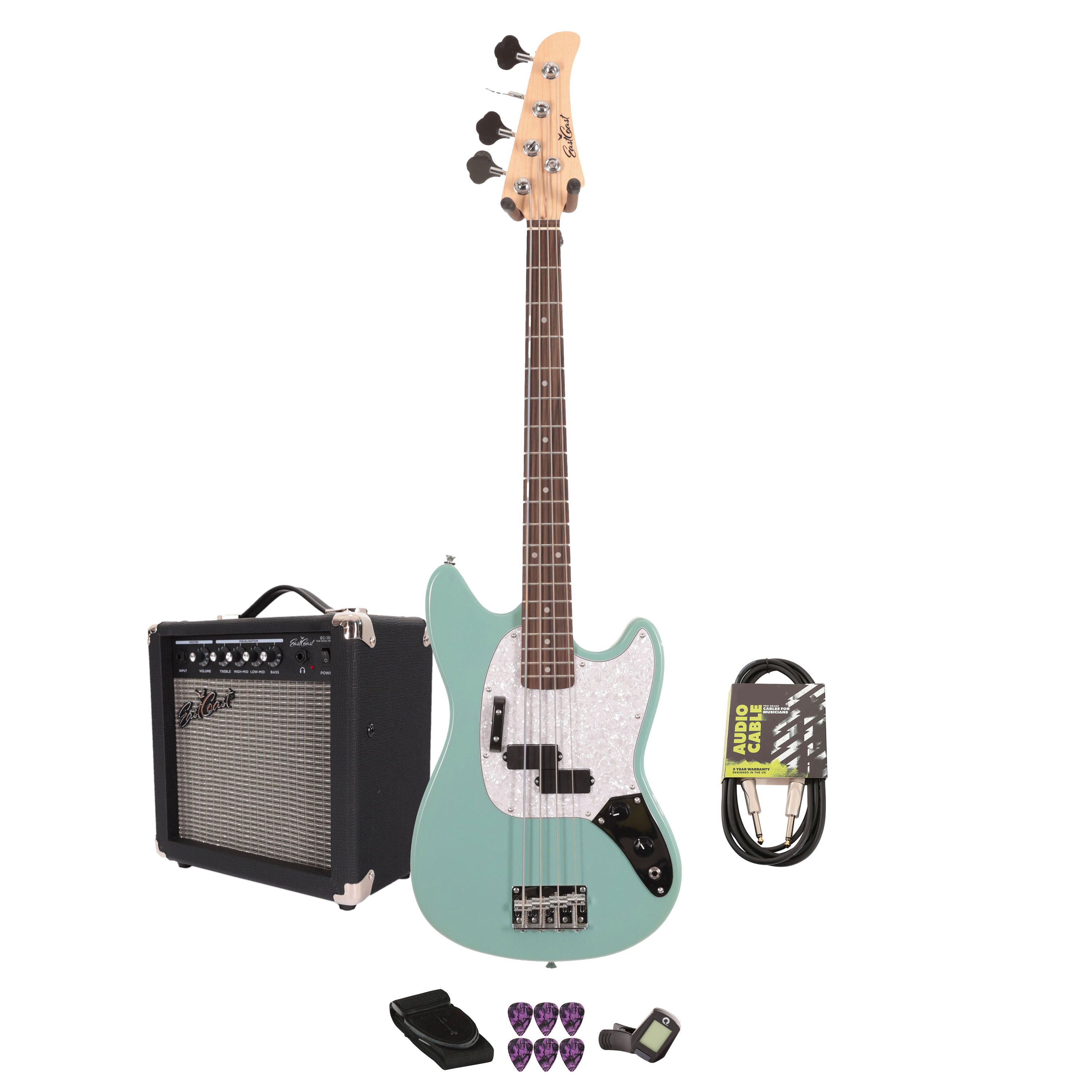 Eastcoast MSB Bass Guitar Starter Pack in Daphne Blue with 15W Amp & Accessories