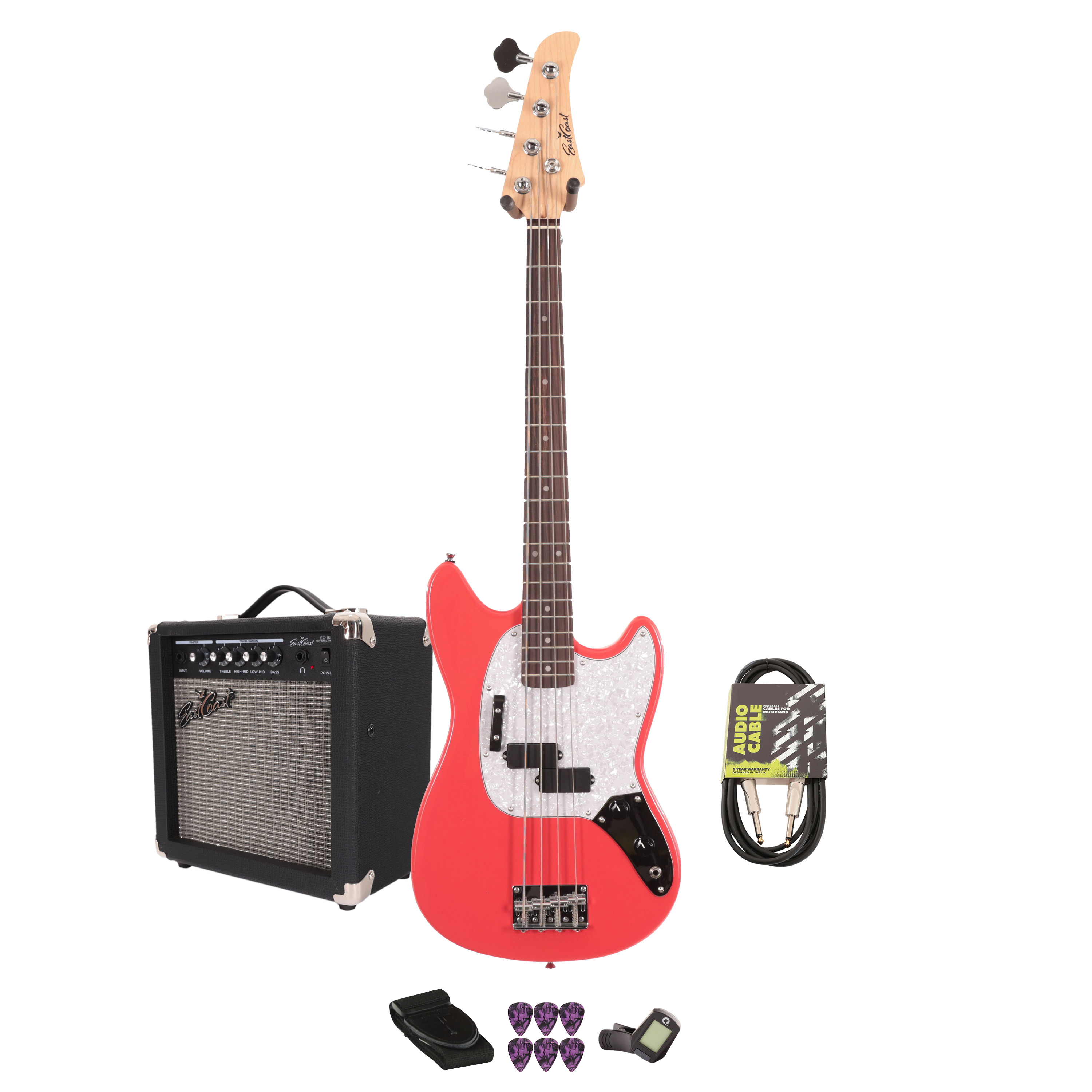 Eastcoast MSB Bass Guitar Starter Pack in Fiesta Red with 15W Amp & Accessories