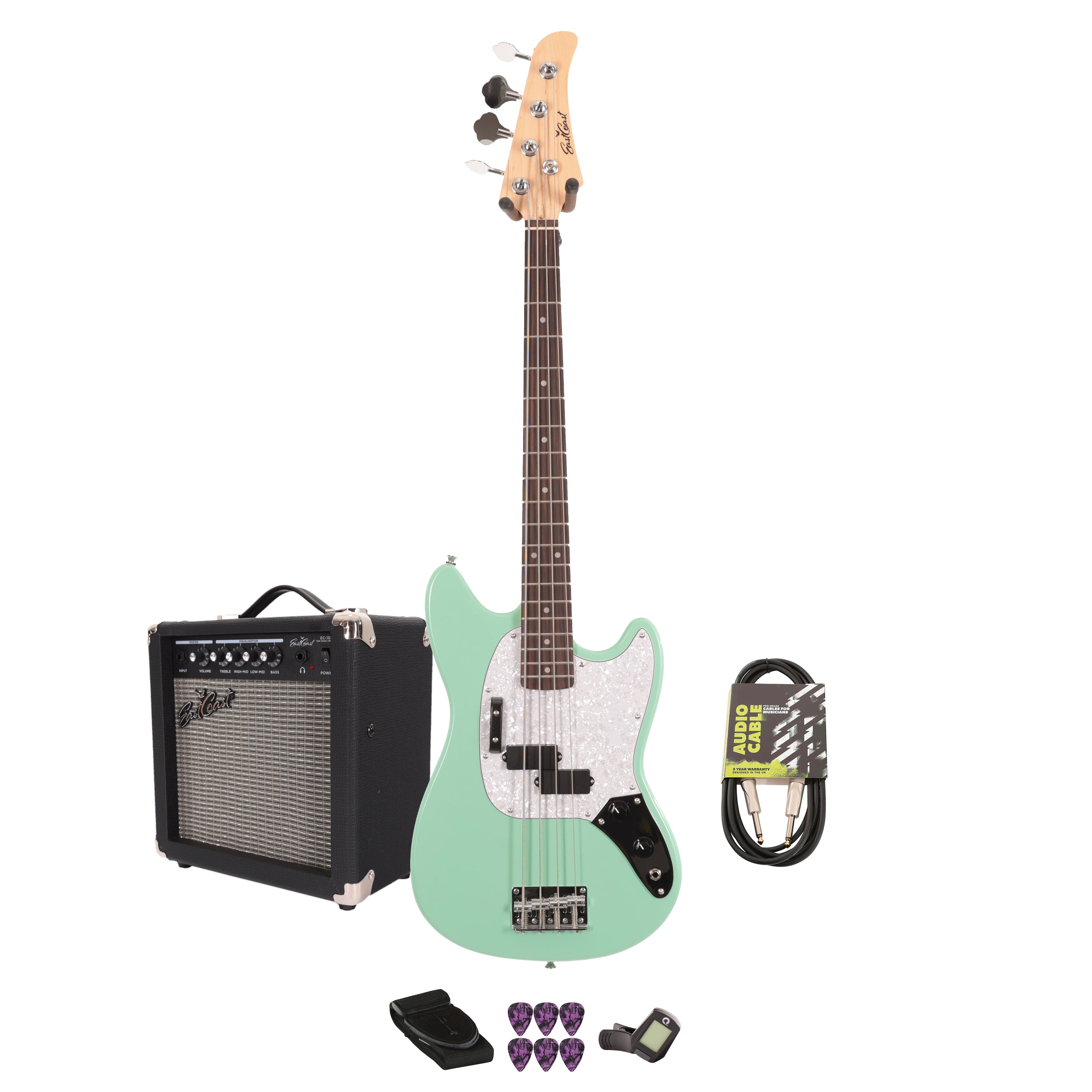 Eastcoast MSB Bass Guitar Starter Pack in Seafoam Green with 15W Amp & Accessories