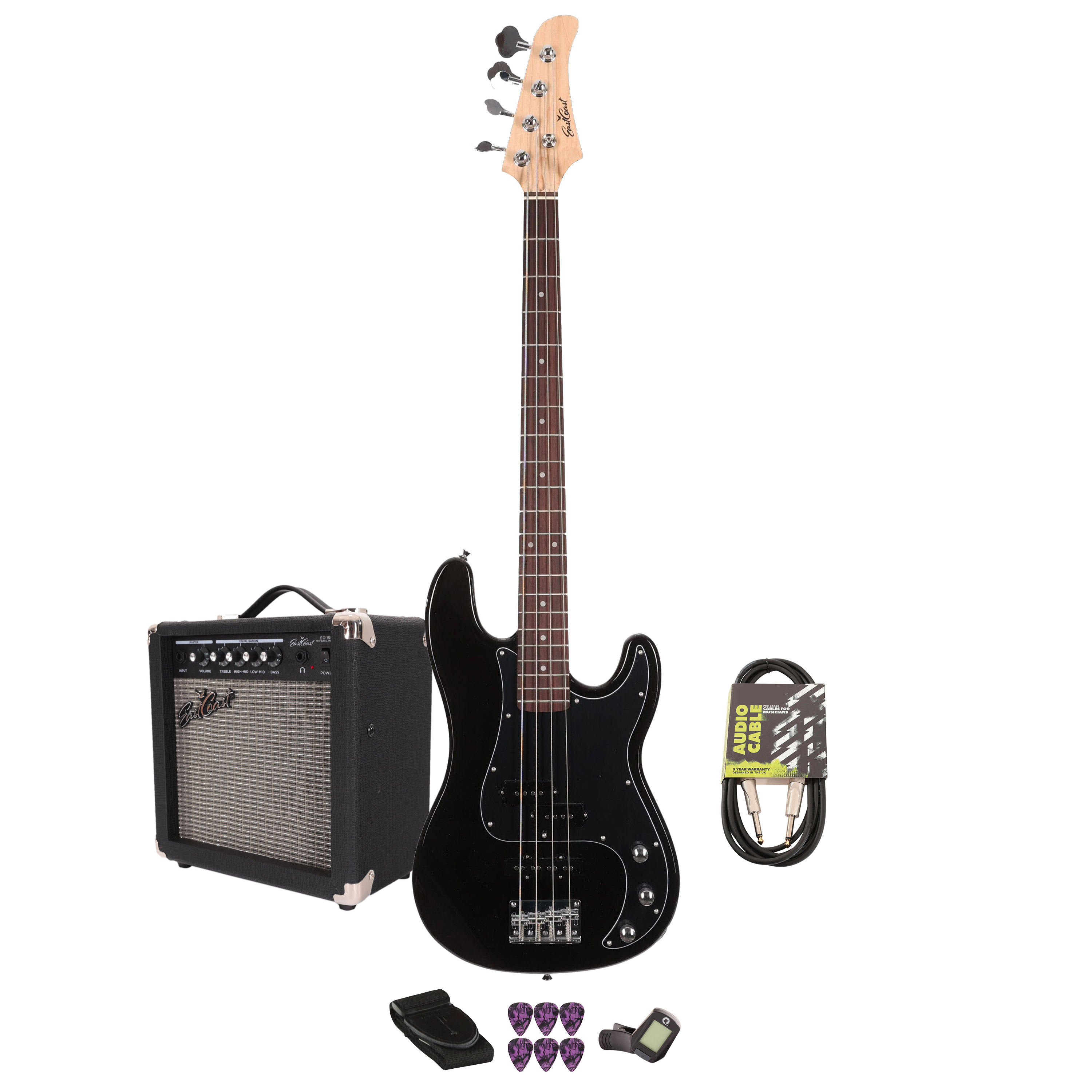 EastCoast PJ4 Bass Guitar Starter Pack in Black with 15W Amp & Accessories