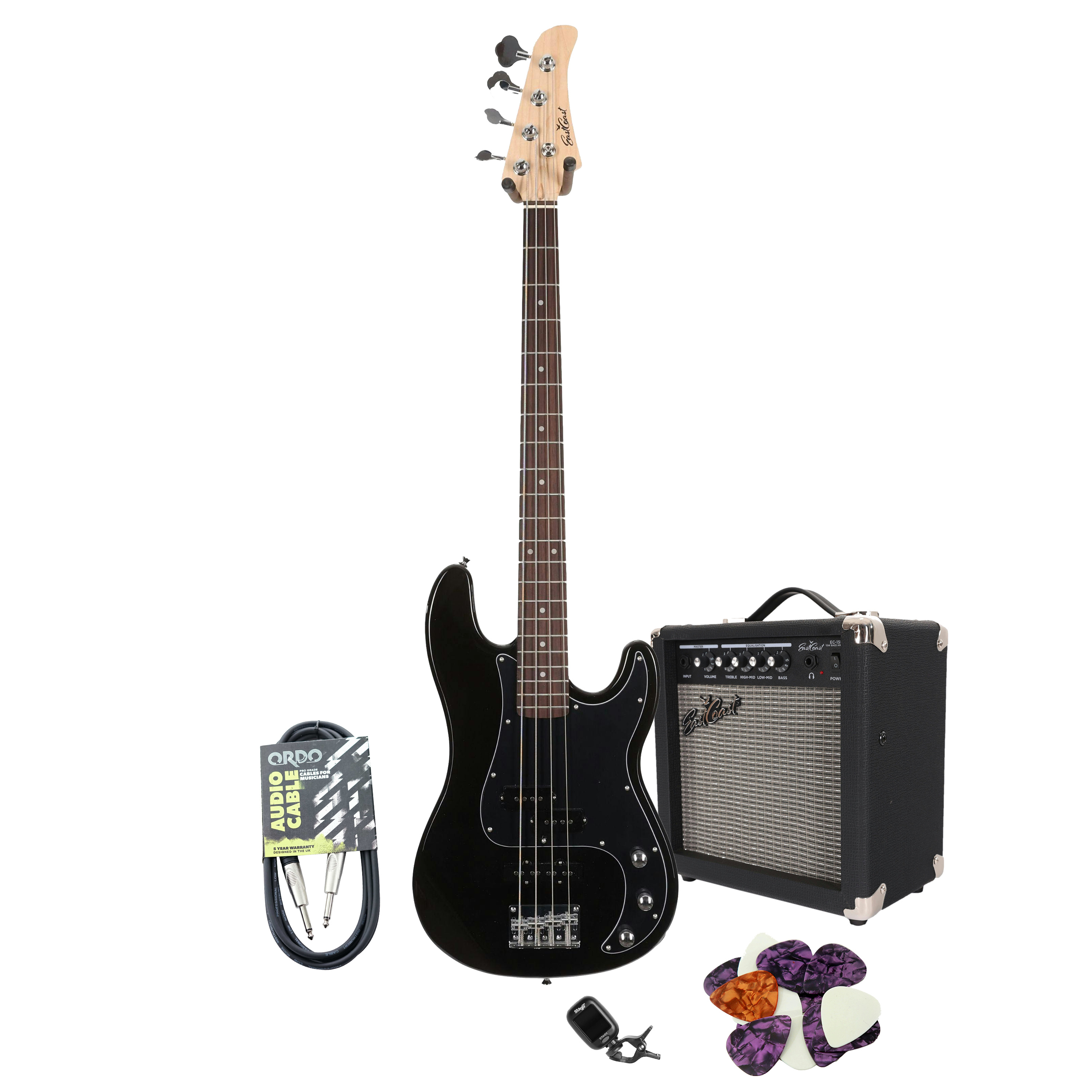 EastCoast PJ4 Black Bass Guitar Bundle with 15W Amp & Accessories