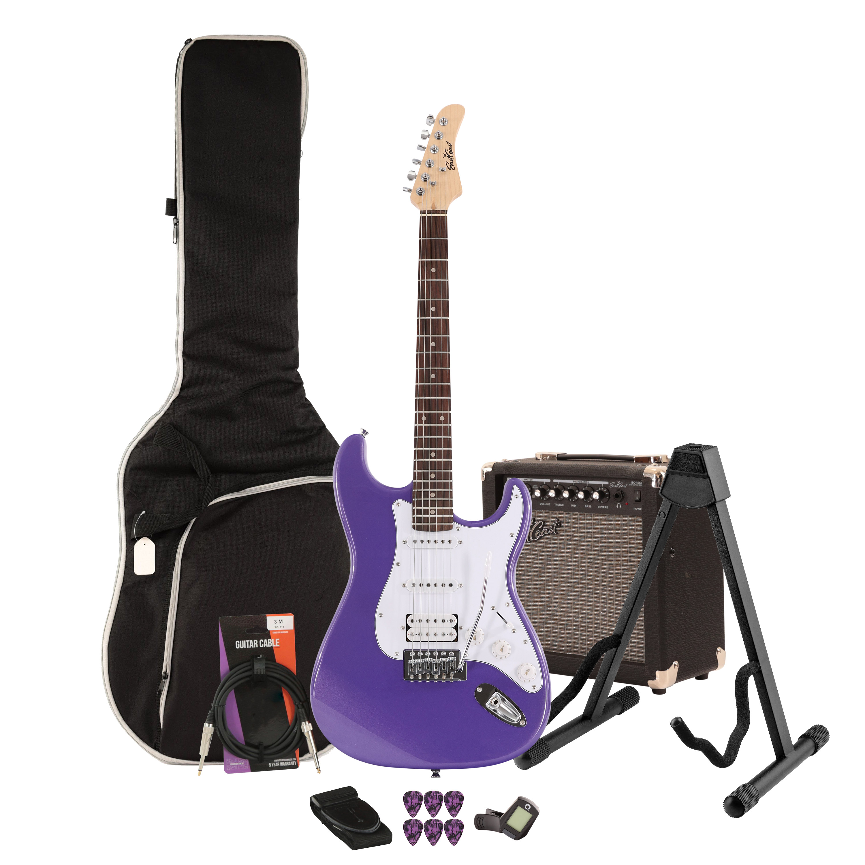 EastCoast ST2 Electric Guitar Starter Pack in Purple Metallic with 15W Amp & Accessories