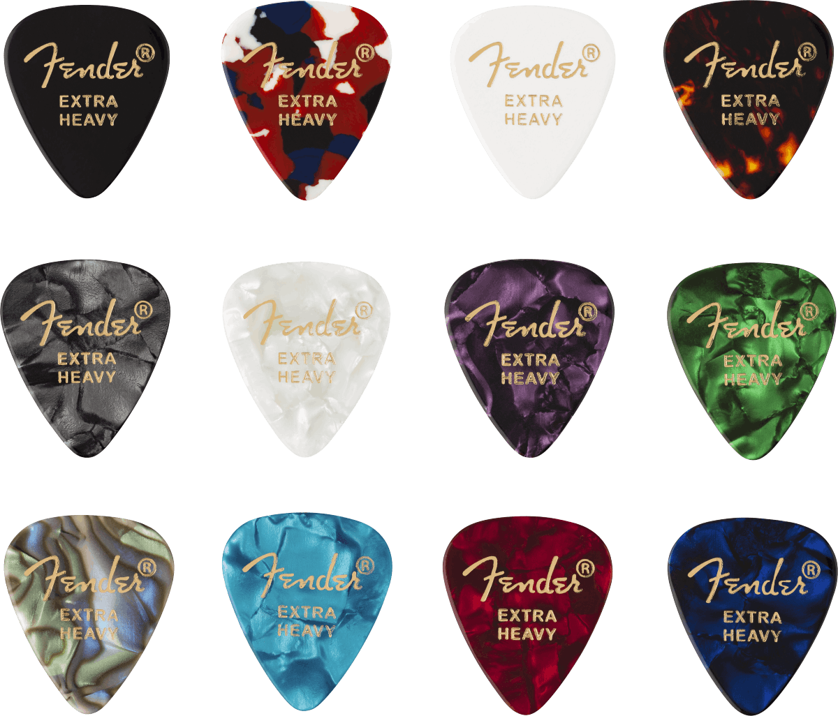 Fender 351 Shape Celluloid 12 Pick Medley Extra Heavy