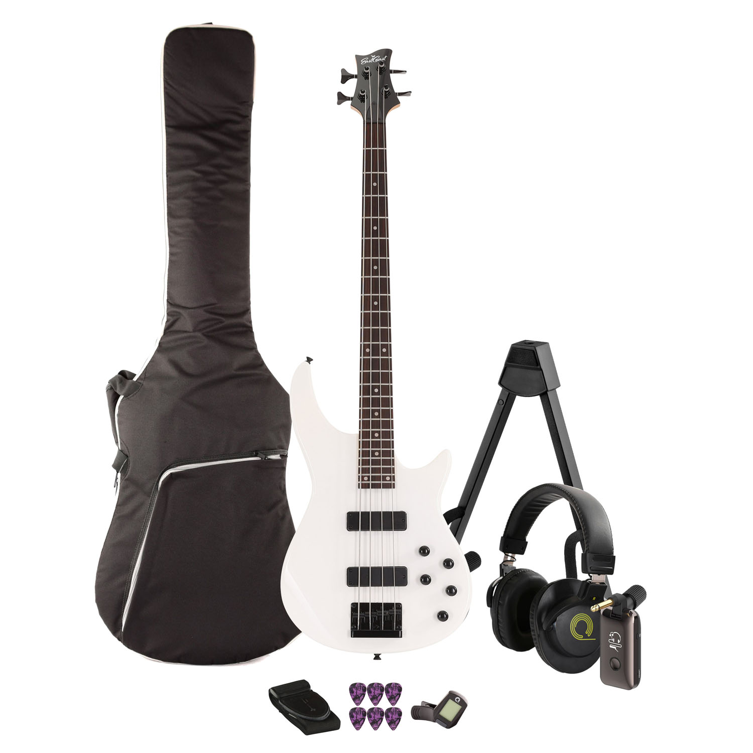 EastCoast MB4 Bass Guitar Bundle in White with Headphones and Headphone Amp