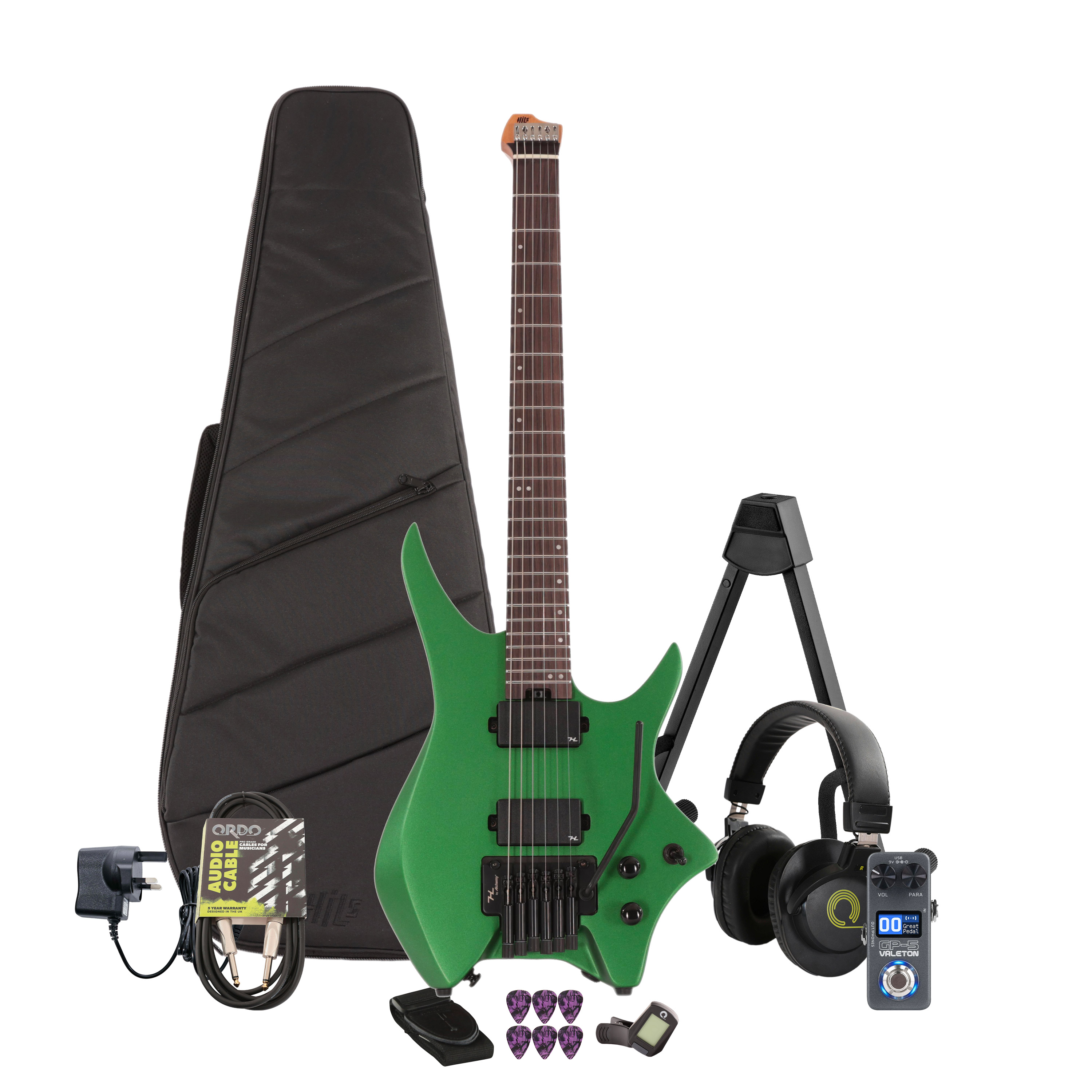HILS NEXT HN5 Headless Electric Guitar in Satin Green Multi-FX & Modelling Bundle with Accessories